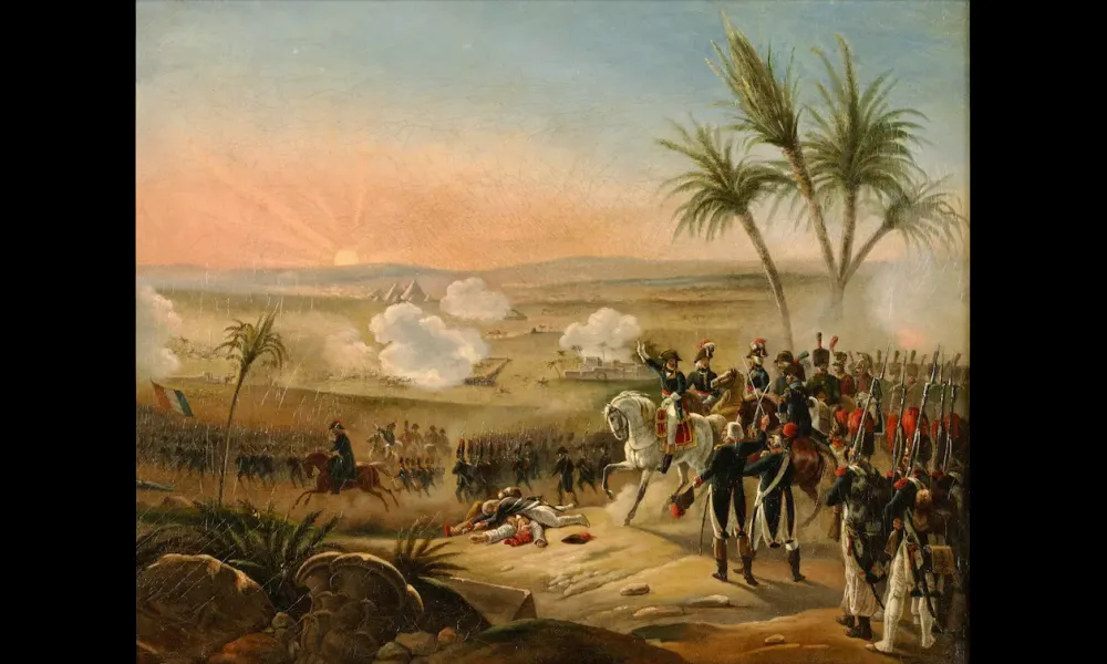 「ピラミッドの戦いで部隊に演説するボナパルト」。イポリット・ベランジェ（Hippolyte Bellangé）画。1823年。
