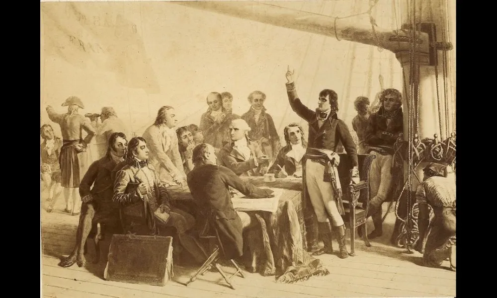 エジプトへの途上、旗艦「オリエント」で議論をするナポレオン