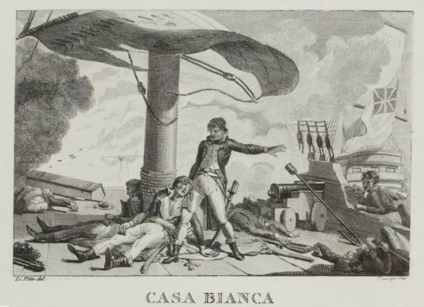 1798年8月1日午後9時～10時、アブキール湾の海戦において炎上するフランス旗艦「オリエント」からの脱出を拒否するジョカンテ・カサビアンカ少年