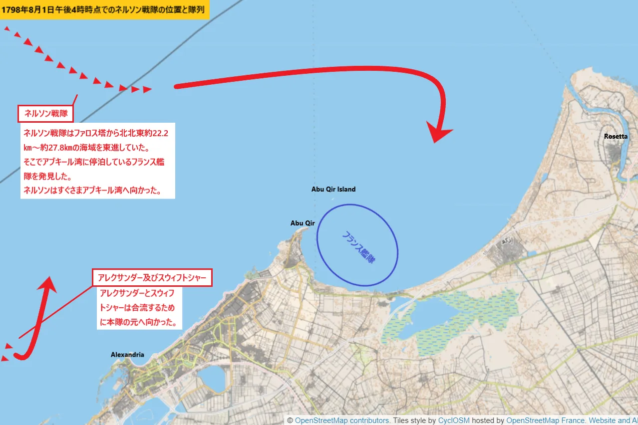 1798年8月1日午後4時時点でのネルソン戦隊の位置と隊列【ナイルの海戦(アブキール湾の海戦)】
