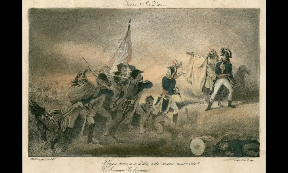 1798年エジプト。エジプト侵攻中に厳しい砂漠の環境に対処するナポレオン・ボナパルト（右）指揮下のフランス軍。