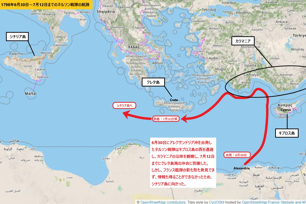 1798年6月30日~7月12日までのネルソン戦隊の航路