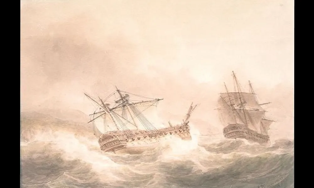 「アレクサンダー」に曳航される旗艦「ヴァンガード」