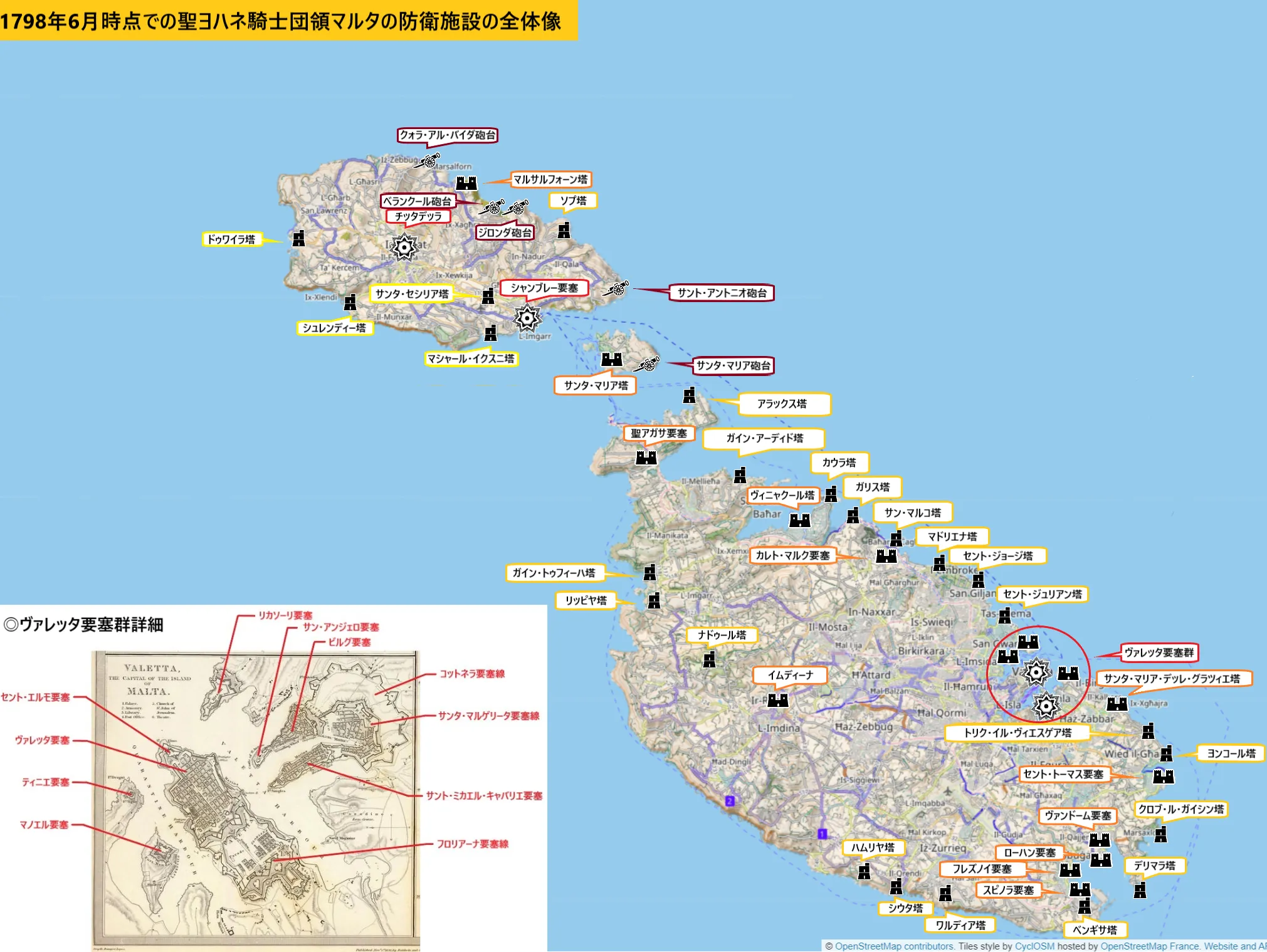 1798年マルタ島防衛施設全体像