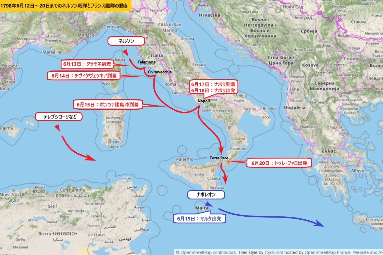 1798年6月12日～20日までのネルソン戦隊とフランス艦隊の動き