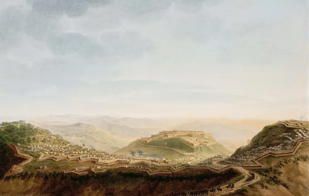 「1796年4月16日、チェバ要塞の眺め（Vue du fort de Ceva le 16 avril 1796）」。ピエトロ・ジュゼッペ・バゲッティ（Pietro Giuseppe Bagetti）画。1801～1806