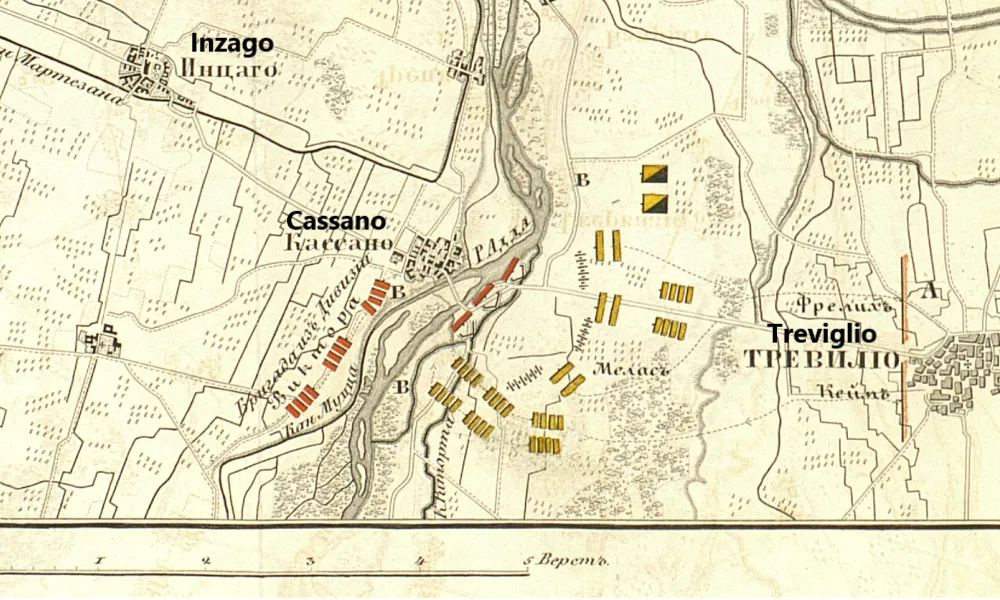 1799年4月27日、カッサーノ・ダッタの戦いにおけるカッサーノでの戦闘図
