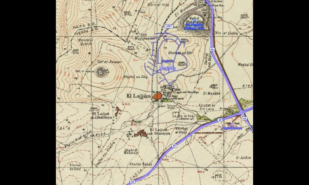 イブラヒム・ベイ率いるマムルーク軍が野営地に定めたエル・ラジュンと現在のメギドの位置関係（1940年代の地図）
