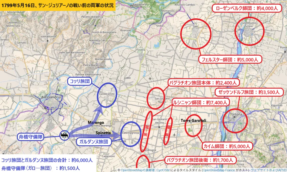 1799年5月16日、サン・ジュリアーノの戦い前の両軍の状況