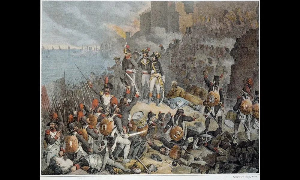 1799年5月10日午前2時、ナポレオンがアッコ城壁前の突破口の麓に赴き新たな攻撃を命じている場面。