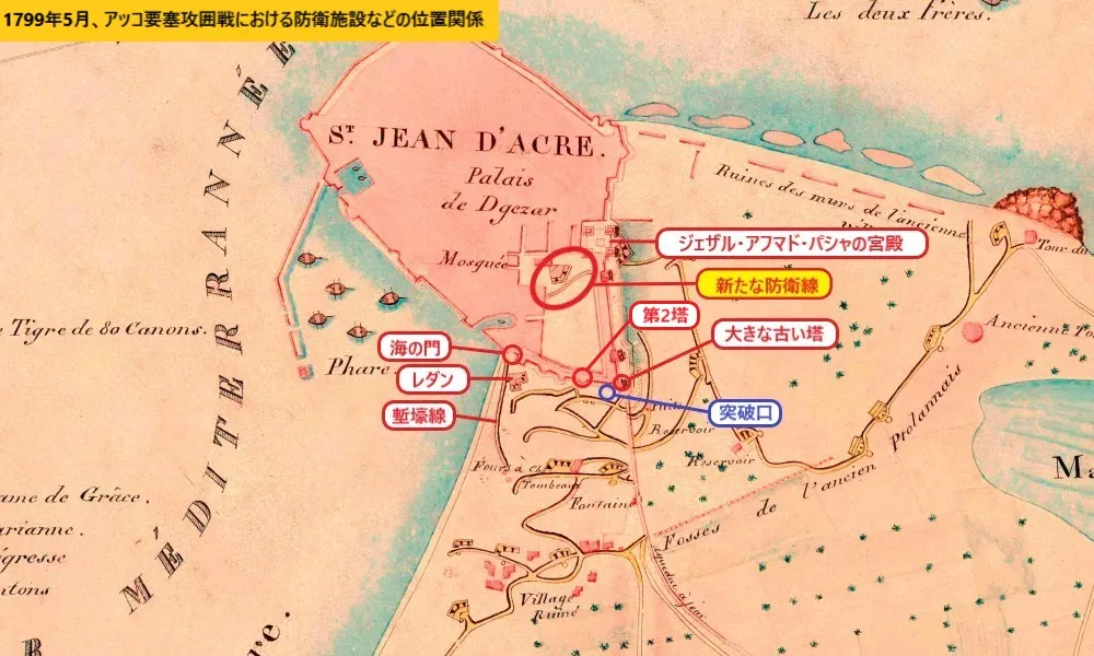 1799年5月、アッコ要塞攻囲戦における防衛施設などの位置関係