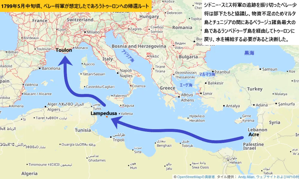 1799年5月中旬頃、ペレー将軍が想定したであろうトゥーロンへの帰還ルート
