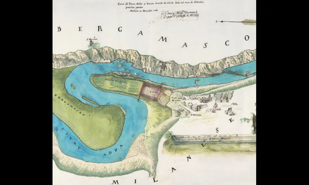 「トレッツォとヴィスコンティ城」。ディオニジ・マリア・フェラリオ（Dionigi Maria Ferrario）画。19世紀。