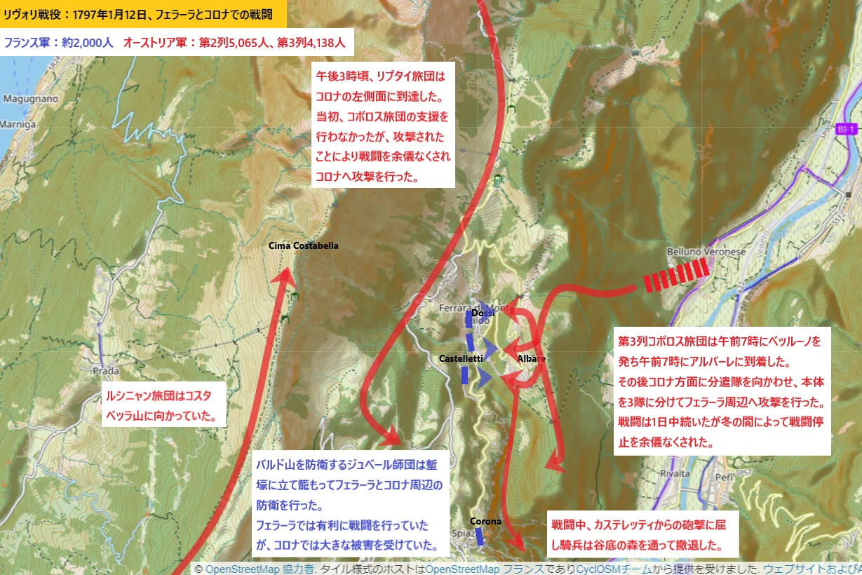 リヴォリ戦役：1797年1月12日、フェラーラとコロナでの戦闘