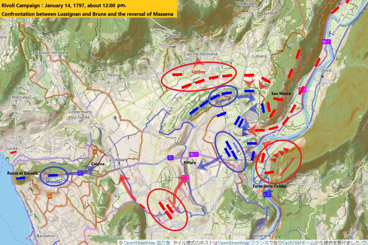 Battle of Rivoli( 1797 ), Confrontation between Lussignan and Brune , and Massena reverses.