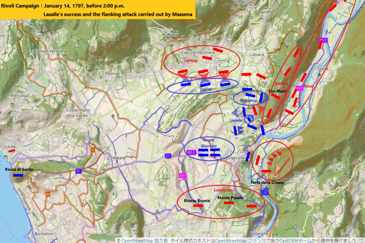 Battle of Rivoli( 1797 ), Lasalle's success and the flanking attack carried out by Massena