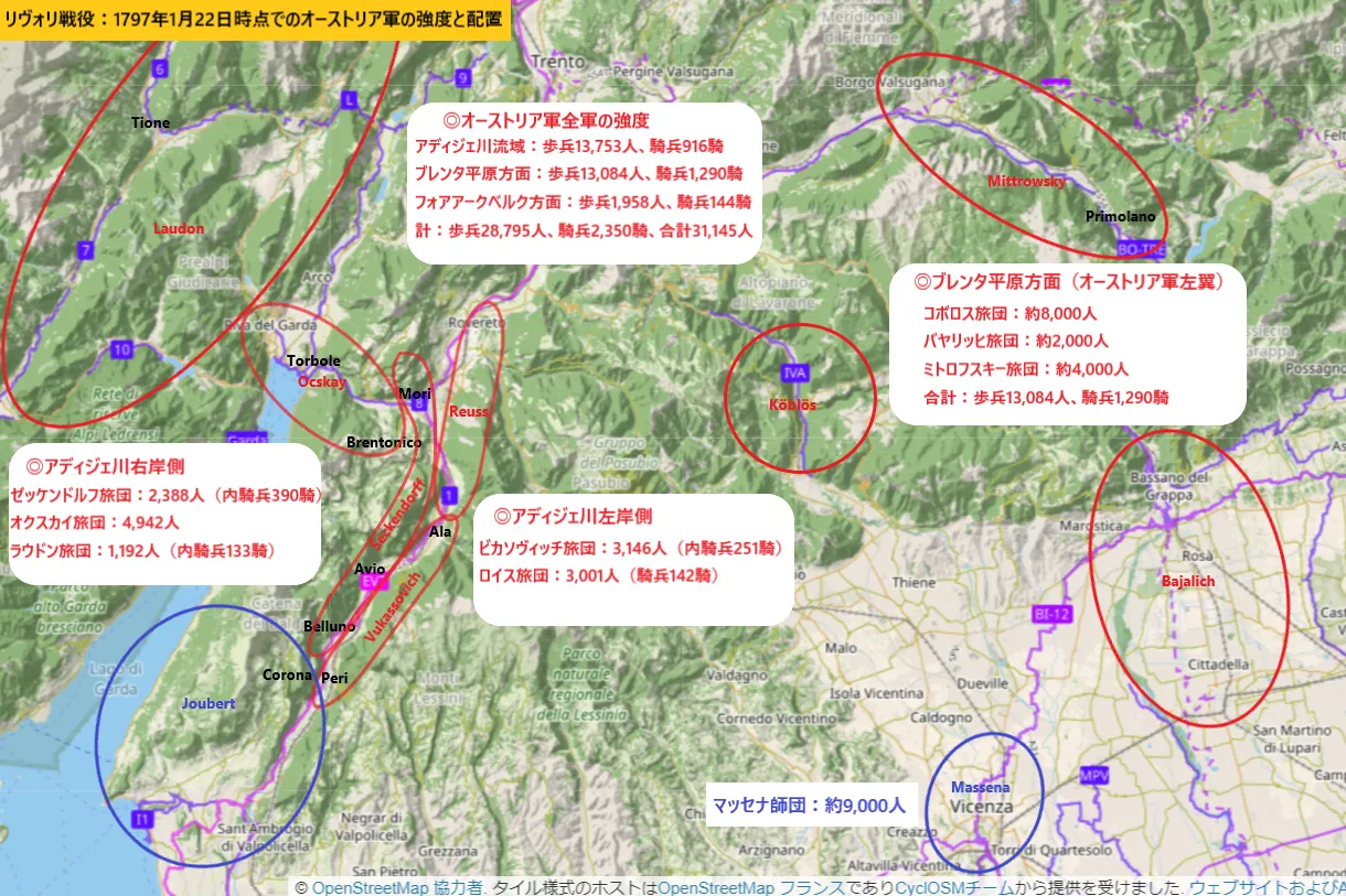 リヴォリ戦役：1797年1月22日時点でのオーストリア軍の強度と配置