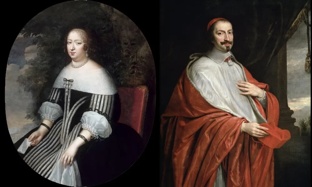左:「アンヌ・ドートリッシュの肖像画」。17世紀。アンリ・ボーブルン(Henri Beaubrun)画。右:「ジュール・マザラン枢機卿の肖像画」。17世紀。フィリップ・ド・シャンパーニュ(Philippe de Champaigne)画。