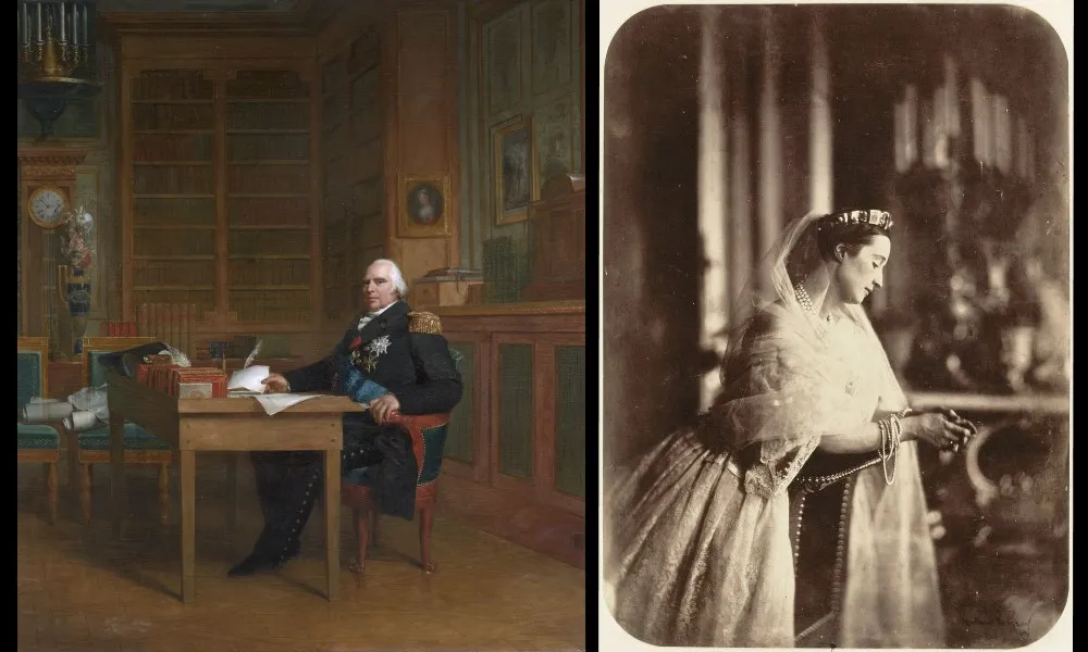 左:「テュイルリー宮殿の書斎にいるルイ18世」。1823年。フランシス・ジェラルド(François Gérard)画。右:「フランス皇后ウジェニー」。 1856年。ジャン=バティスト・ギュスターヴ・ル・グレイ(Jean-Baptiste Gustave Le Gray)撮影。