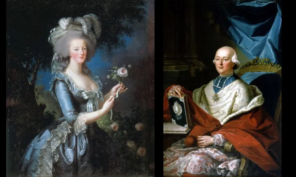 左:「バラを持つマリー・アントワネット」。1783年。エリザベート・ルイーズ・ヴィジェ・ルブラン(Élisabeth Louise Vigée Le Brun)画。右:「 ルイ・ルネ・エドゥアール、ド・ローアン枢機卿の肖像」。18世紀。作者不明。